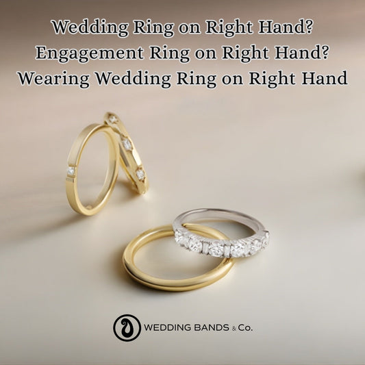 Stack of gold wedding bands with diamond accents showing options for wearing on right or left hand