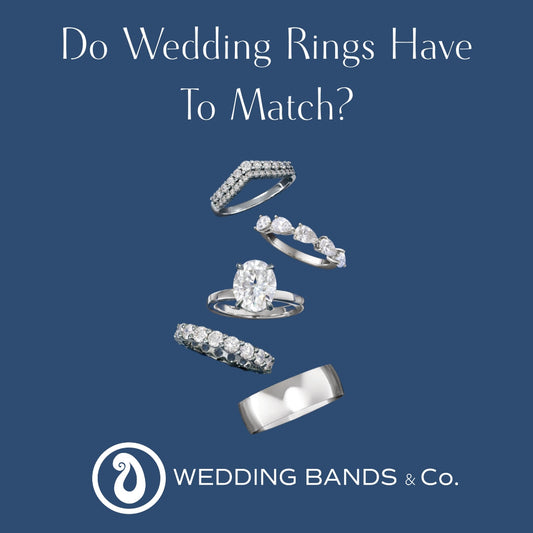 Assorted engagement rings and wedding bands in white gold and platinum showing matching and non-matching ring styles on blue background