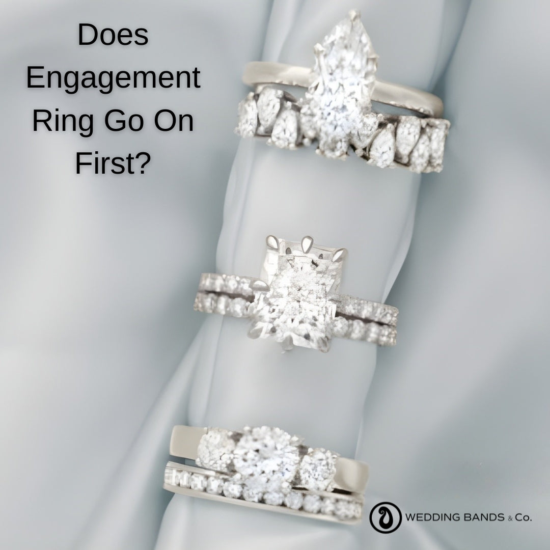 Engagement ring and wedding band stacked together showing proper placement order on finger