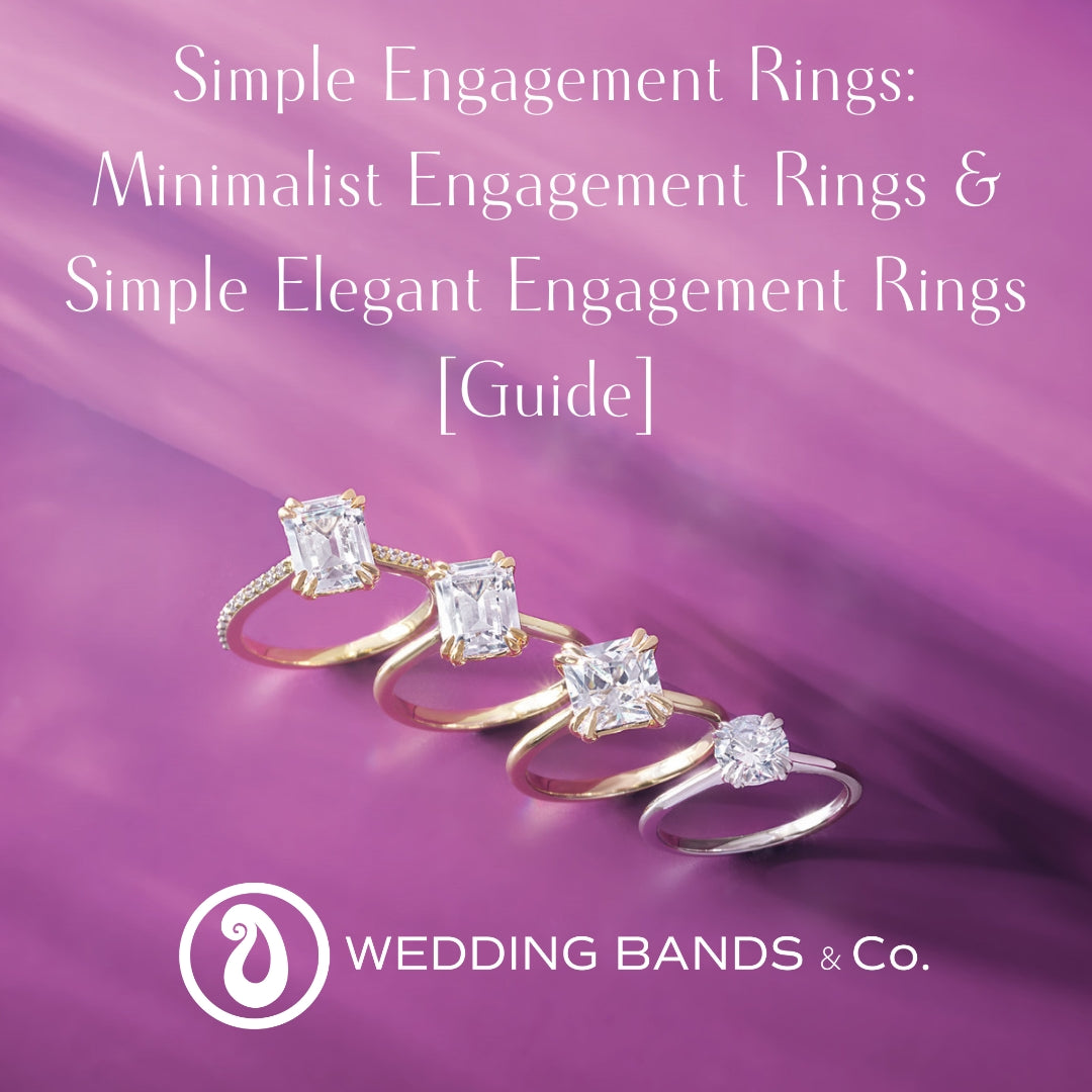 Minimalist engagement rings featuring emerald, princess, and round cut diamonds in simple elegant settings by Wedding Bands & Co.