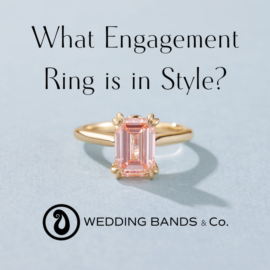 Emerald-cut pink diamond engagement ring set in yellow gold, showcasing a modern and stylish engagement ring trend by Wedding Bands & Co.