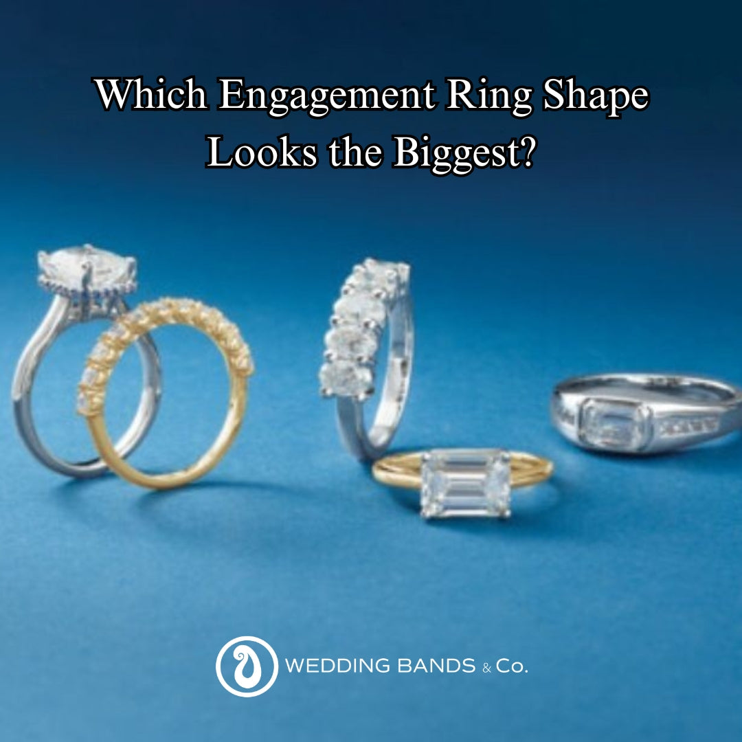 Diamond engagement rings in various shapes comparing size appearance of oval, marquise, and round cuts