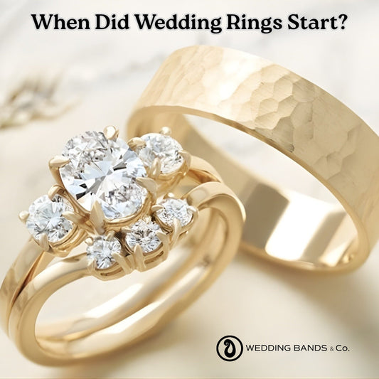 Stack of gold wedding bands with diamond details showing evolution of wedding ring design through history