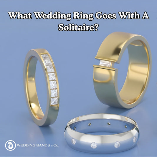 Stack of gold wedding bands showing various styles that pair perfectly with solitaire engagement rings