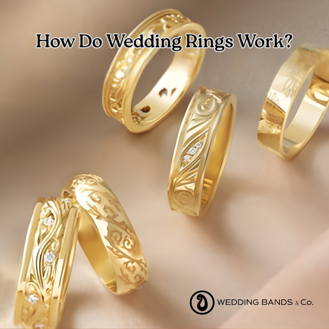 Stack of gold wedding bands showing anatomy and construction of different wedding ring styles