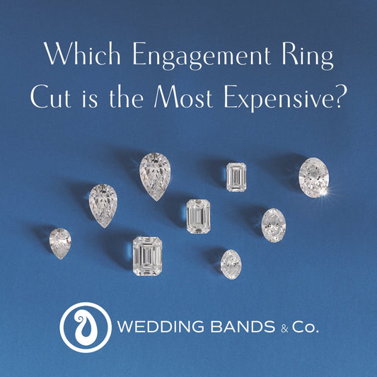 Diamond engagement ring cuts including oval, pear, emerald, and round shown in a comparison graphic by Wedding Bands & Co., Chicago jewelry store