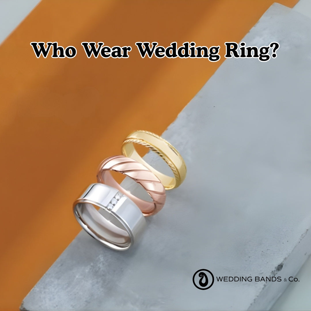 Stack of gold wedding bands with diamond details showing various styles worn by married couples