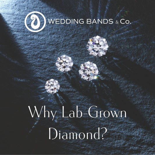 Lab-grown diamonds displayed on dark textured background illustrating ethical, sustainable diamond options by Wedding Bands & Co.