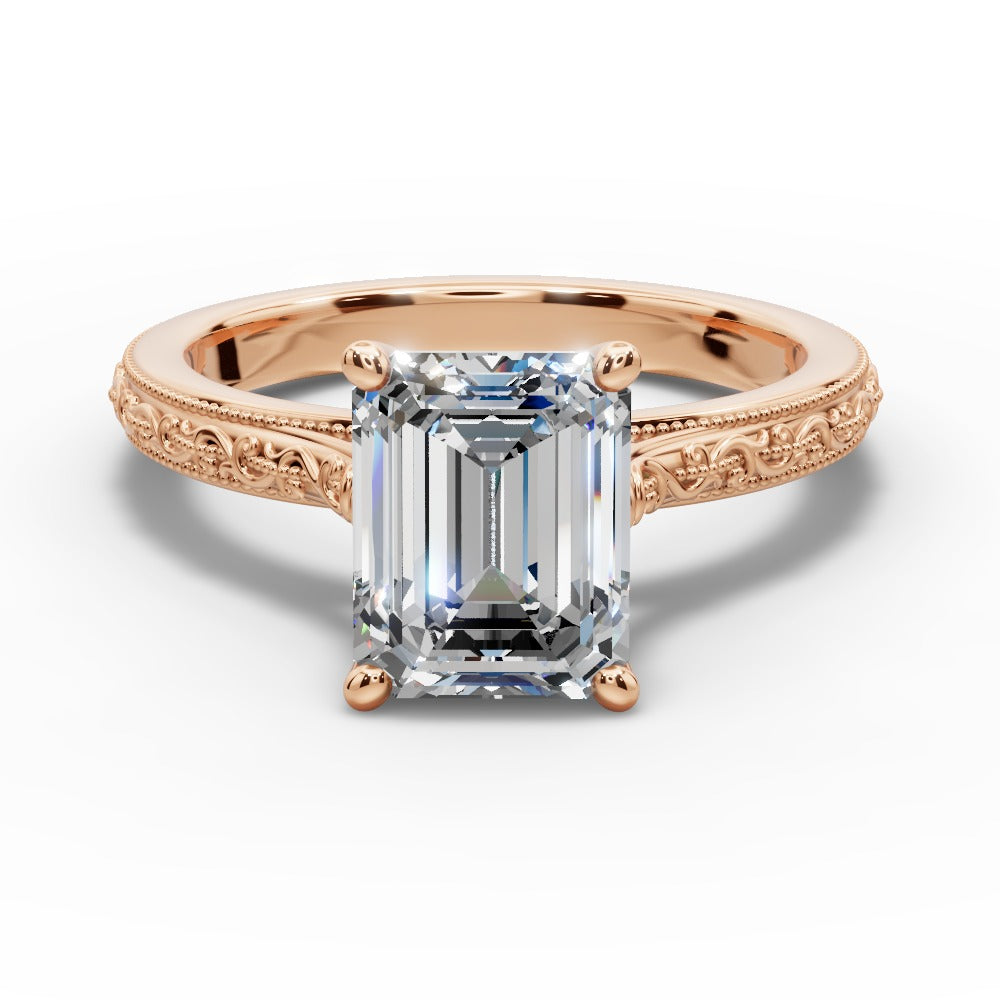 Violet Emerald Shape Classic Engagement Ring in 18K Rose Gold