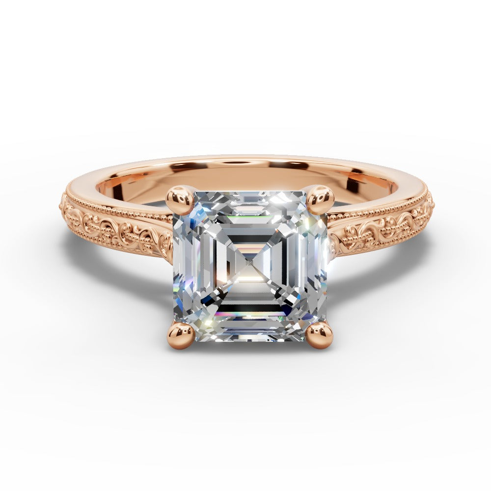 Violet Square Emerald Shape Classic Engagement Ring in 14K Rose Gold