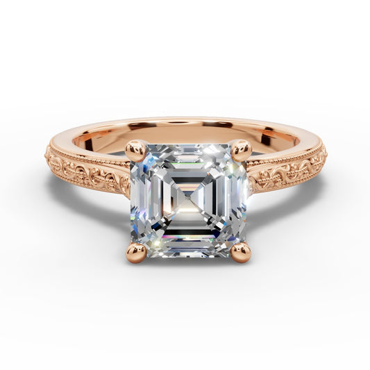 Violet Square Emerald Shape Classic Engagement Ring in 18K Rose Gold