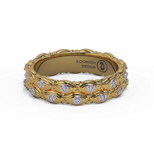 Dana marquise-pattern diamond wedding band in 14K Yellow Gold, three-quarter perspective view