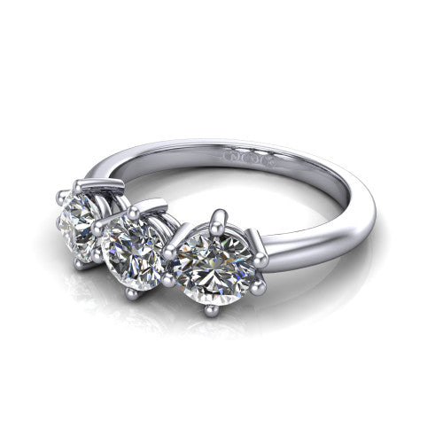 Celine three-stone wedding band in 14K White Gold, three-quarter perspective view
