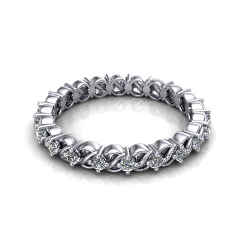 Carmen diamond eternity wedding ring in 14K White Gold, three-quarter perspective showing round diamonds woven through twisted infinity links