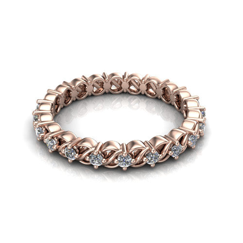 Carmen diamond eternity wedding ring in 14K Rose Gold, three-quarter perspective showing round diamonds woven through twisted infinity links