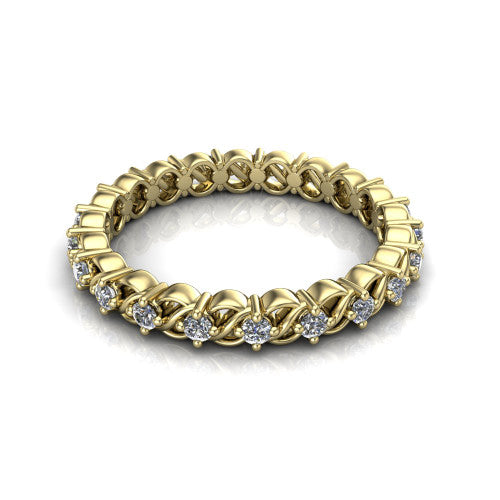 Carmen diamond eternity wedding ring in 14K Yellow Gold, three-quarter perspective showing round diamonds woven through twisted infinity links