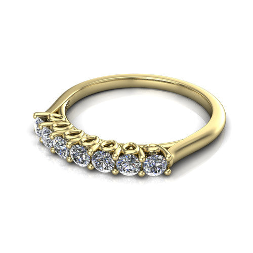 Bianca seven-stone diamond wedding ring in 14K Yellow Gold, three-quarter perspective showing seven graduated round diamonds and the scalloped gallery