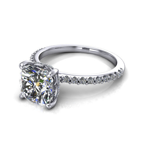 Arielle cushion classic engagement ring in 14K White Gold, three-quarter perspective showing the four-prong center above a pav&eacute; band with a hidden halo collar