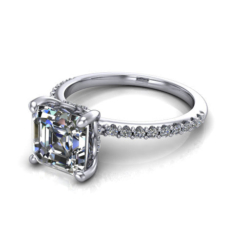 Arielle square emerald classic engagement ring in 18K White Gold, three-quarter perspective showing the four-prong center above a pav&eacute; band with a hidden halo collar