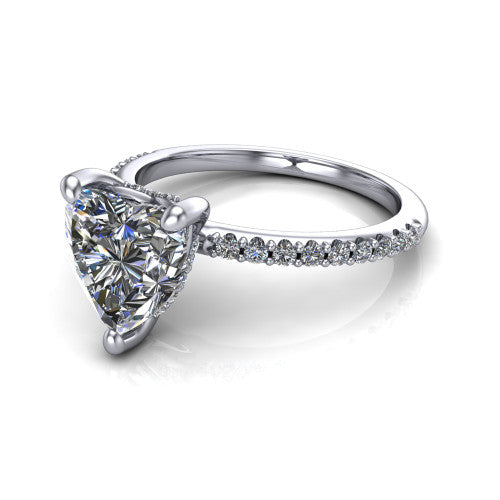 Arielle heart classic engagement ring in Platinum, three-quarter perspective showing the four-prong center above a pav&eacute; band with a hidden halo collar