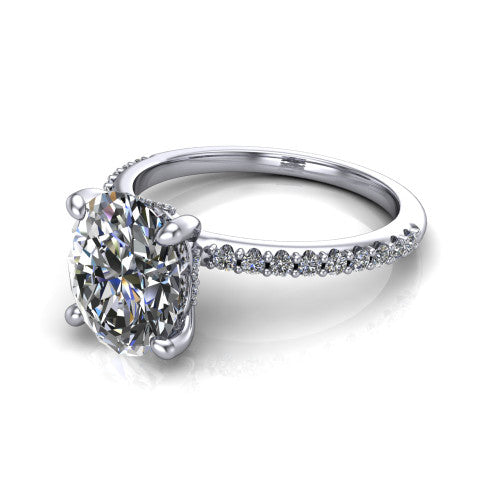 Arielle oval classic engagement ring in Platinum, three-quarter perspective showing the four-prong center above a pav&eacute; band with a hidden halo collar