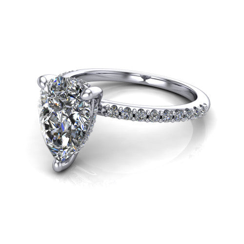 Arielle pear classic engagement ring in 18K White Gold, three-quarter perspective showing the four-prong center above a pav&eacute; band with a hidden halo collar