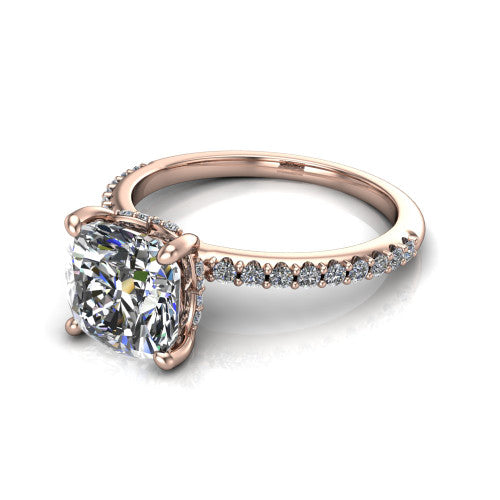 Arielle cushion classic engagement ring in 18K Rose Gold, three-quarter perspective showing the four-prong center above a pav&eacute; band with a hidden halo collar