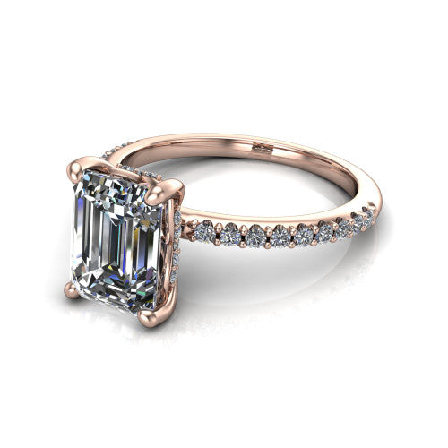Arielle emerald classic engagement ring in 14K Rose Gold, three-quarter perspective showing the four-prong center above a pav&eacute; band with a hidden halo collar