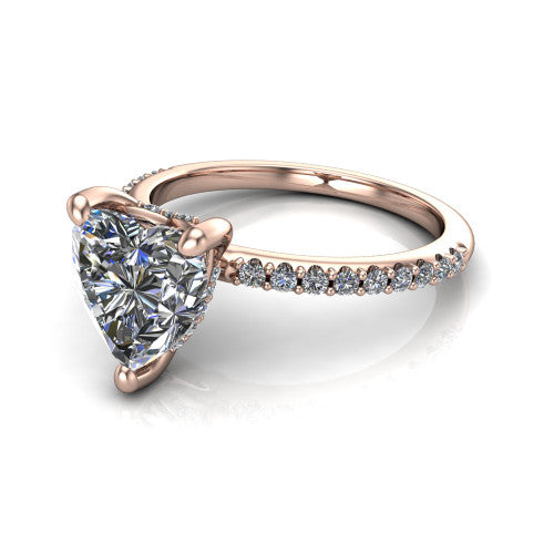 Arielle heart classic engagement ring in 18K Rose Gold, three-quarter perspective showing the four-prong center above a pav&eacute; band with a hidden halo collar