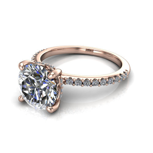 Arielle round classic engagement ring in 18K Rose Gold, three-quarter perspective showing the four-prong center above a pav&eacute; band with a hidden halo collar