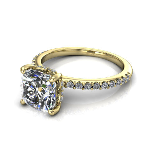 Arielle cushion classic engagement ring in 18K Yellow Gold, three-quarter perspective showing the four-prong center above a pav&eacute; band with a hidden halo collar