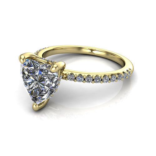 Arielle heart classic engagement ring in 18K Yellow Gold, three-quarter perspective showing the four-prong center above a pav&eacute; band with a hidden halo collar