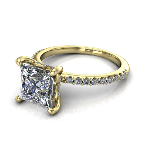 Arielle princess classic engagement ring in 14K Yellow Gold, three-quarter perspective showing the four-prong center above a pav&eacute; band with a hidden halo collar
