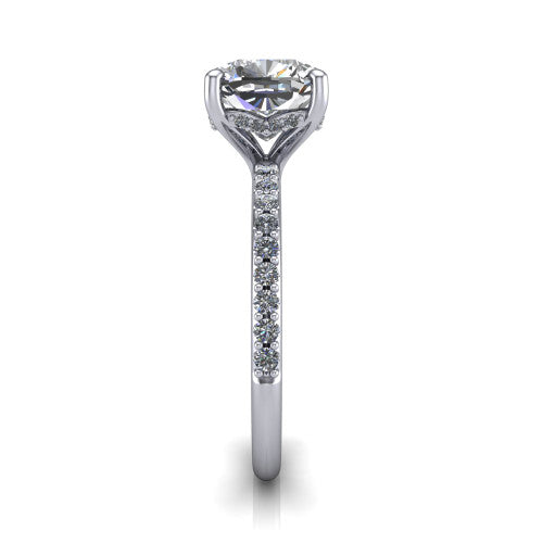 Arielle cushion classic engagement ring in 14K White Gold, side profile showing the pav&eacute; running down the band and the hidden halo in profile