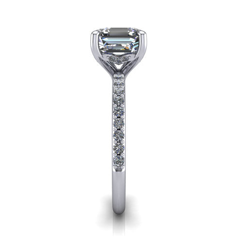 Arielle square emerald classic engagement ring in 14K White Gold, side profile showing the pav&eacute; running down the band and the hidden halo in profile