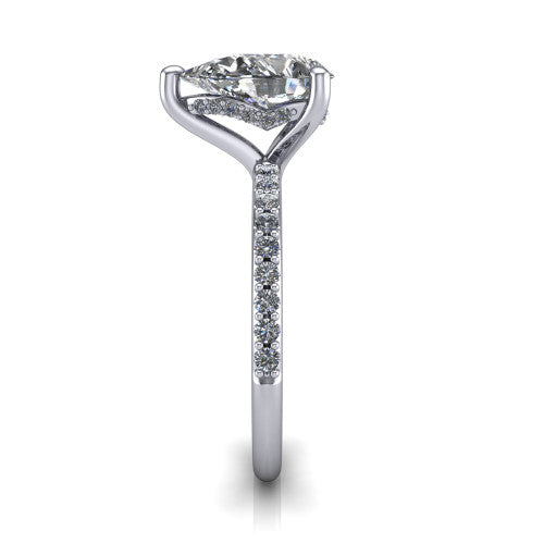 Arielle pear classic engagement ring in 18K White Gold, side profile showing the pav&eacute; running down the band and the hidden halo in profile