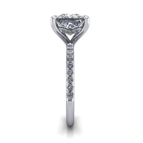 Arielle princess classic engagement ring in Platinum, side profile showing the pav&eacute; running down the band and the hidden halo in profile