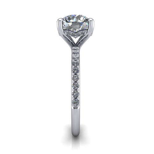 Arielle round classic engagement ring in 18K White Gold, side profile showing the pav&eacute; running down the band and the hidden halo in profile