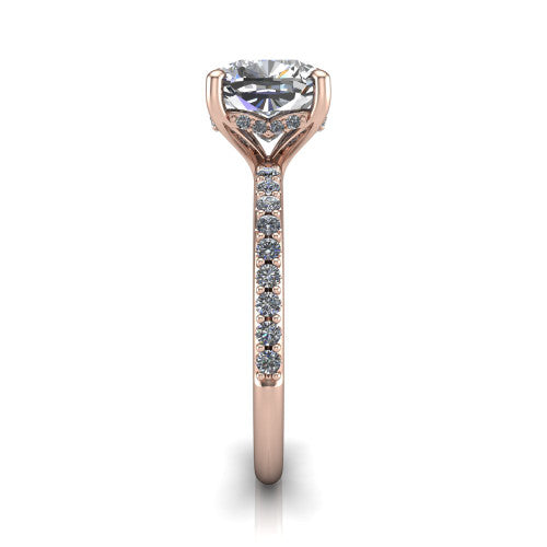 Arielle cushion classic engagement ring in 14K Rose Gold, side profile showing the pav&eacute; running down the band and the hidden halo in profile
