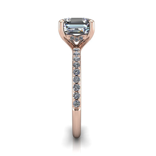 Arielle square emerald classic engagement ring in 18K Rose Gold, side profile showing the pav&eacute; running down the band and the hidden halo in profile
