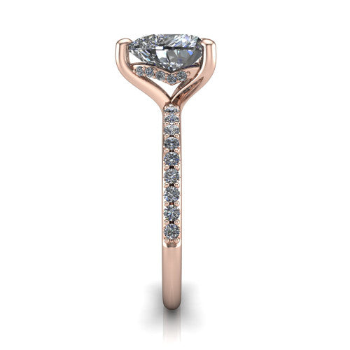 Arielle heart classic engagement ring in 14K Rose Gold, side profile showing the pav&eacute; running down the band and the hidden halo in profile