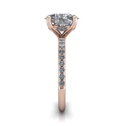 Arielle oval classic engagement ring in 14K Rose Gold, side profile showing the pav&eacute; running down the band and the hidden halo in profile