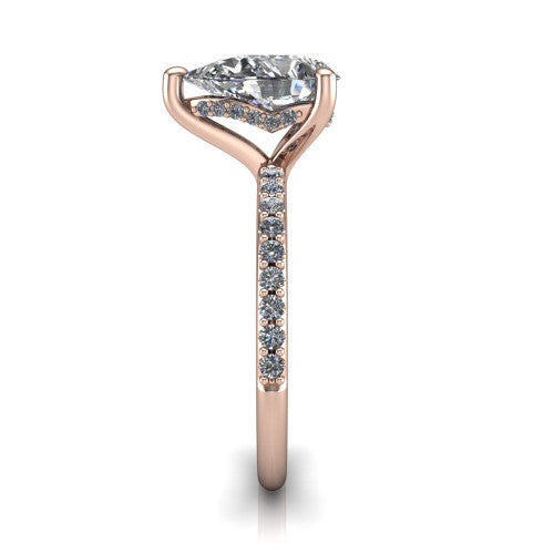 Arielle pear classic engagement ring in 14K Rose Gold, side profile showing the pav&eacute; running down the band and the hidden halo in profile