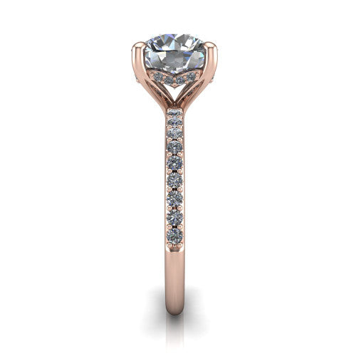 Arielle round classic engagement ring in 14K Rose Gold, side profile showing the pav&eacute; running down the band and the hidden halo in profile