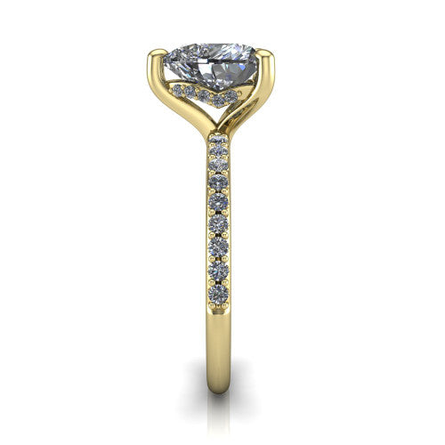 Arielle heart classic engagement ring in 18K Yellow Gold, side profile showing the pav&eacute; running down the band and the hidden halo in profile