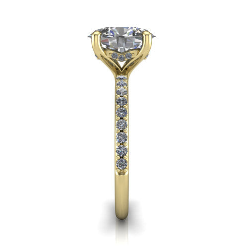 Arielle oval classic engagement ring in 14K Yellow Gold, side profile showing the pav&eacute; running down the band and the hidden halo in profile