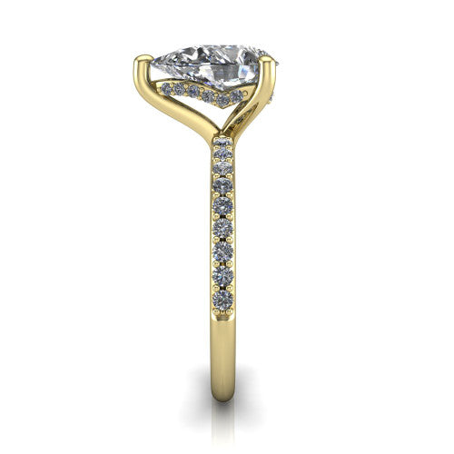 Arielle pear classic engagement ring in 18K Yellow Gold, side profile showing the pav&eacute; running down the band and the hidden halo in profile