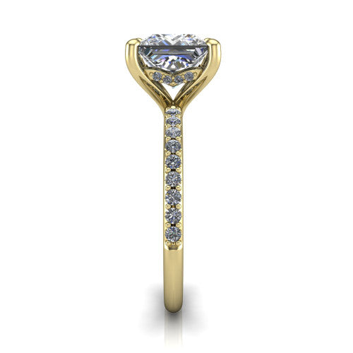Arielle princess classic engagement ring in 14K Yellow Gold, side profile showing the pav&eacute; running down the band and the hidden halo in profile