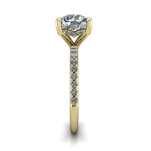 Arielle round classic engagement ring in 14K Yellow Gold, side profile showing the pav&eacute; running down the band and the hidden halo in profile