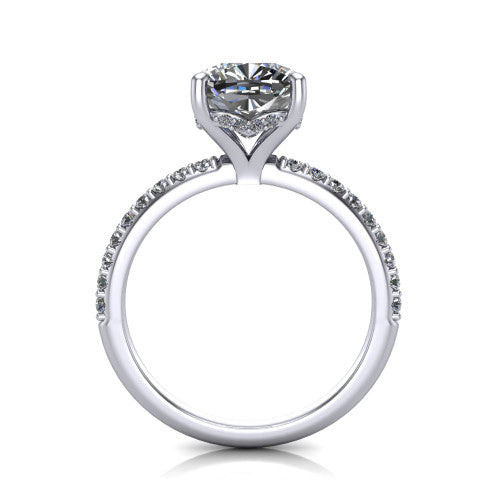 Arielle cushion classic engagement ring in 14K White Gold, through-finger front profile showing the hidden halo of pav&eacute; beneath the center crown